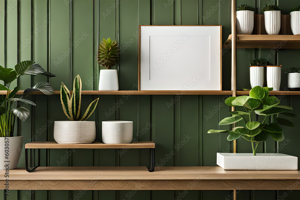 Cup of coffee, books and empty picture frame mockup on wooden desk, table. Vase with olive branches. Elegant working space, home office concept. Scandinavian interior design. Generative AI Cup of coffee, books and empty picture frame mockup on wooden desk, table. Vase with olive branches. Elegant working space, home office concept. Scandinavian interior design. Generative AI