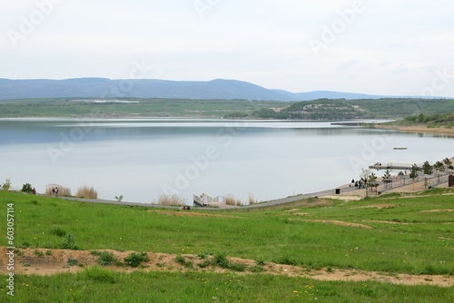 Most, Czechia - May 01, 2023: lake Most and Ore mountains in spring