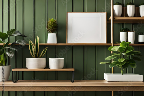 Cup of coffee, books and empty picture frame mockup on wooden desk, table. Vase with olive branches. Elegant working space, home office concept. Scandinavian interior design. Generative AI
