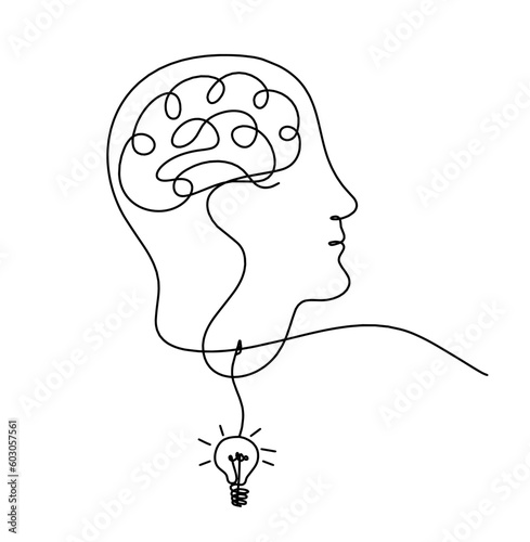 Man silhouette brain and light bulb as line drawing on white background