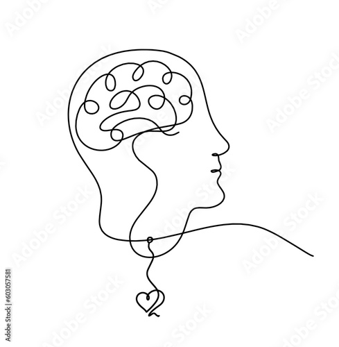 Man silhouette brain and heart as line drawing on white background