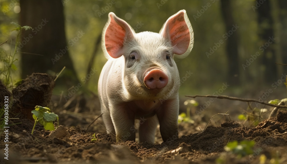 Cute piglet grazing in green meadow outdoors generated by AI Cute piglet grazing in green meadow outdoors generated by AI