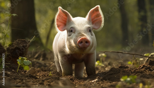 Cute piglet grazing in green meadow outdoors generated by AI