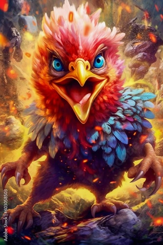 Crazy Chicken on a Colorful Background. Generative ai