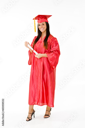 A female caucasian in red graduation gown and very excited. She is on a white background.