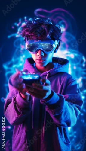 Young Person with VR Goggles in Blue, Cyan, and Purple Neon Colors. Generative ai