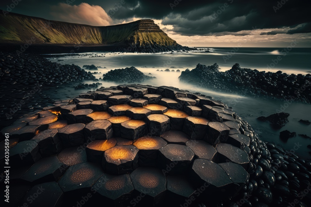 Giants causeway hexagon basalt rock on the sea. distinct generative AI image. - obrazy, fototapety, plakaty 
