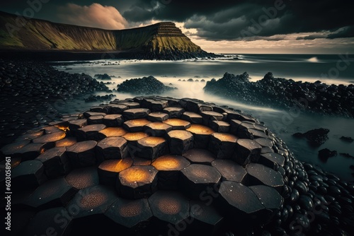 Giants causeway hexagon basalt rock on the sea. distinct generative AI image. photo