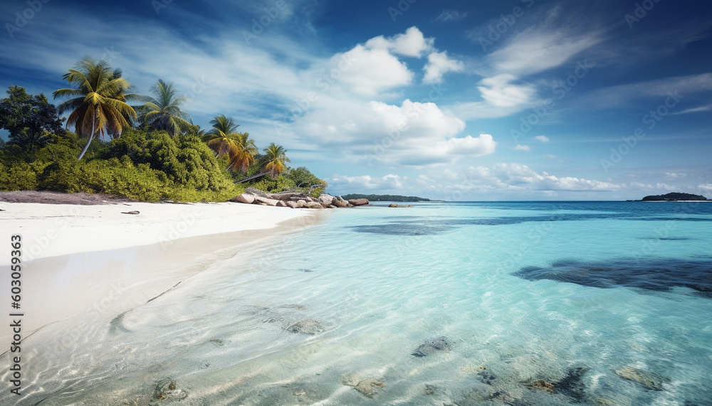 Obraz premium Tropical palm trees sway on turquoise waters generated by AI