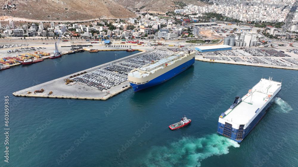 Aerial drone photo of international car terminal and Ro Ro boat terminal in Drapetsona area, Piraeus, Attica, Greece