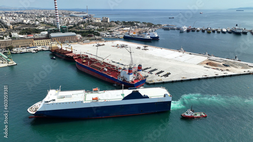 Aerial drone photo of international car terminal and Ro Ro boat terminal in Drapetsona area, Piraeus, Attica, Greece photo