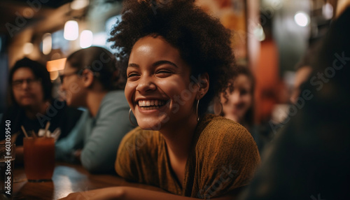 Smiling young adults enjoy nightlife at bar generated by AI