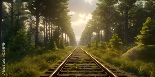 Forest trees along a railroad on an summer afternoon. Train tracks travel concept landscape background. Generative AI