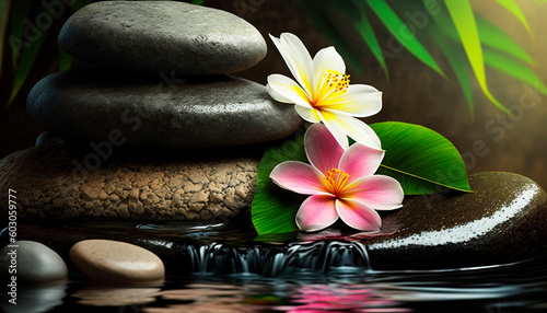 Zen stones and bamboo on the water lined with spa pebbles and plumeria flowers. Generative AI, © Яна Ерік Татевосян