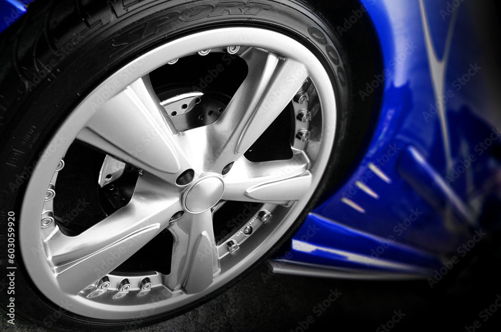 Blue Sport Car Wheel in the dark