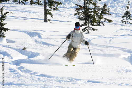 A skier enjoying fresh snow in Whistler, BC.