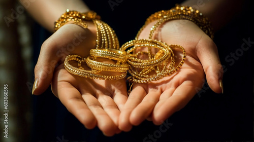 gold jewelry in lady's hands