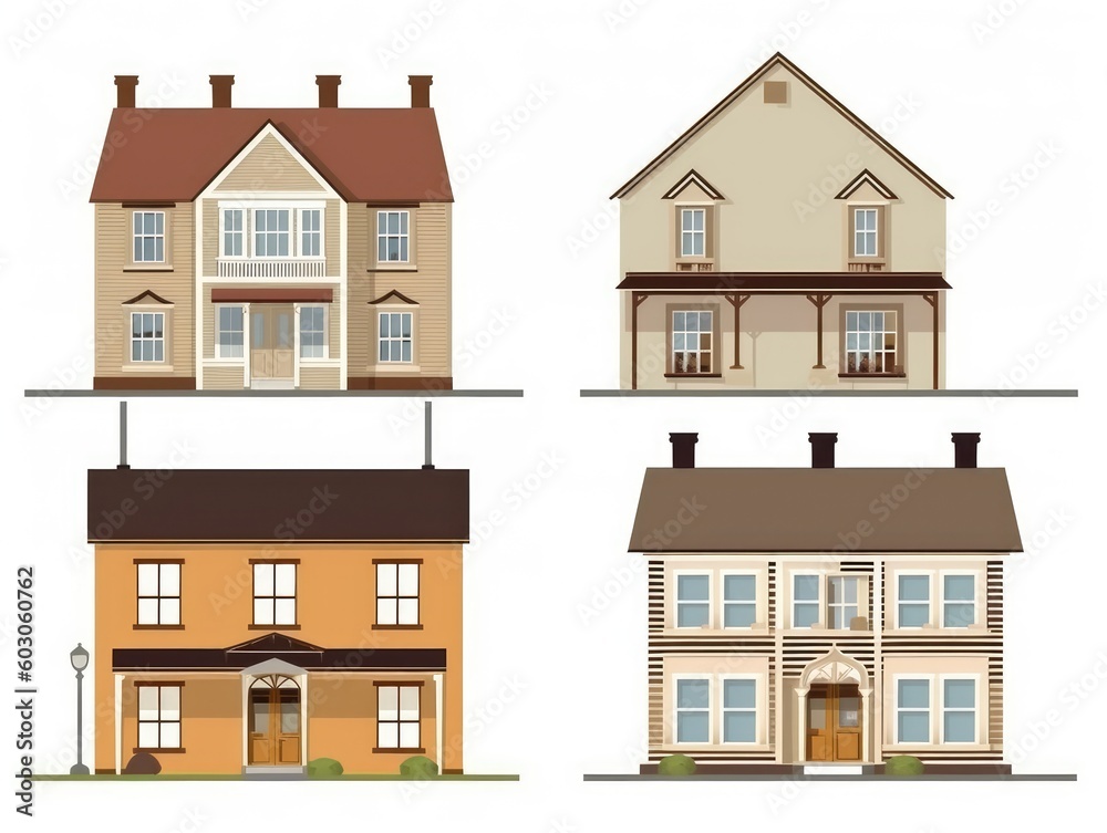 Houses, cottages. Collection in cartoon style illustration. set isolated on white background. generative ai