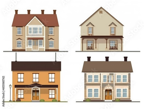 Houses, cottages. Collection in cartoon style illustration. set isolated on white background. generative ai