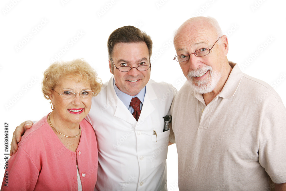 Senior couple posing in their new glasses with their optometrist. Isolated on white. Senior couple posing in their new glasses with their optometrist. Isolated on white.