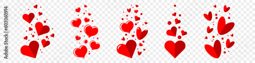 Cute flying hearts. Red flying hearts illustration for design. Decoration or clipart for Valentine's Day. Vector illustration isolated on background.