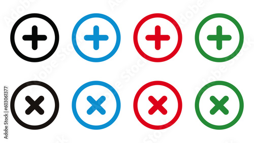 Set of flat round check mark, X mark, plus sign and sign icons, isolated on white background