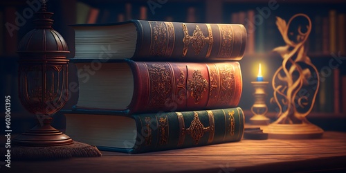 Old leather bound books on a shelf in a library Generative AI