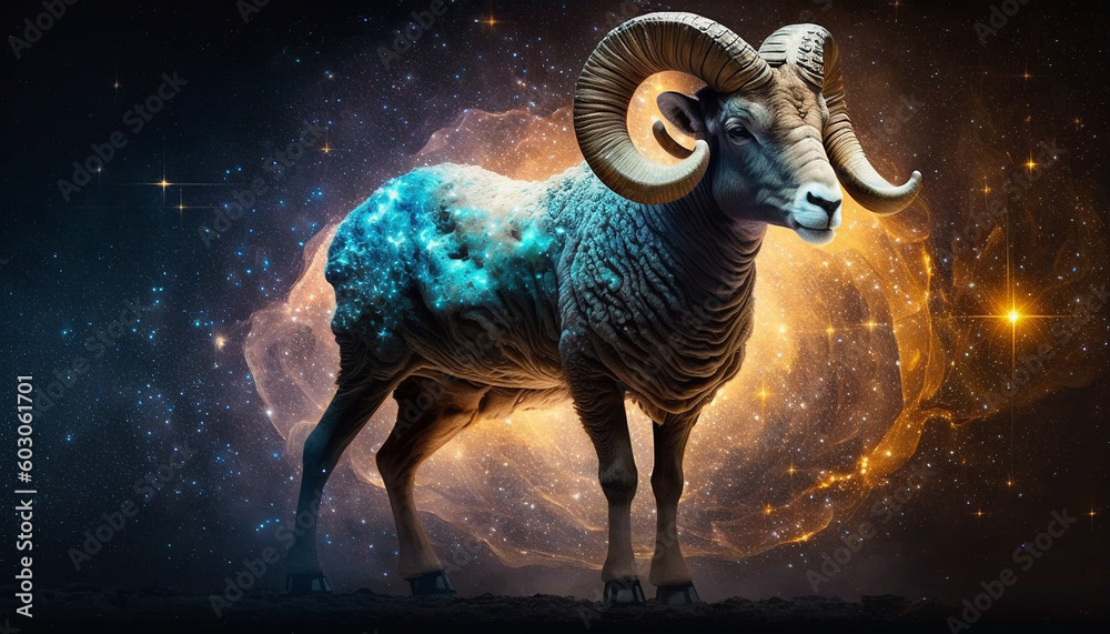 Aries zodiac sign on space background. Generative AI, Aries zodiac sign on space background. Generative AI,