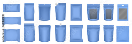 Set of realistic pouch mockups. Blue flow pack, sachet, zip bag and doypack. Ice cream wrapper. Sheet mask sachet. Soap or wet wipes packaging.