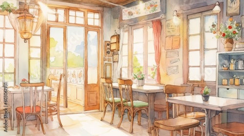 Light watercolor interior of a cozy cafe © Jardel Bassi