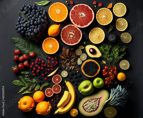 Fresh fruits and vegetables  healthy food  isolated flat lay. generative ai