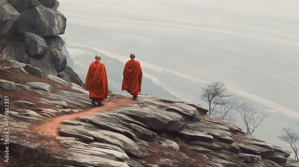 Chinese monks walking on mountains. Generative AI - obrazy, fototapety, plakaty 