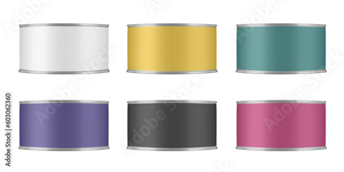 Set of tin cans for pet food, meat or fish preserves. White, green, black, gold, red and purple labels. Cat or dog food mockup
