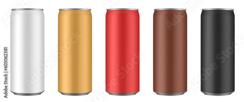 Set of white, gold, red, brown and black tin cans of energy drink, juice or soda. Cocktail of fitness drink. Cold beverages