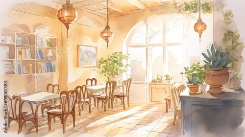 Light watercolor interior of a cozy cafe