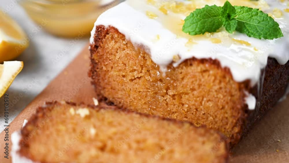 Lemon drizzle loaf cake, homemade sponge soft cake with sugar icing Lemon drizzle loaf cake, homemade sponge soft cake with sugar icing
