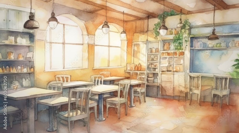 Light watercolor interior of a cozy cafe