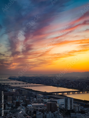 Sunset over the city of Osaka