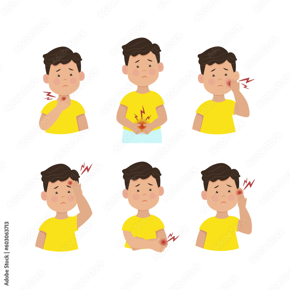 Kid pain, Toothache and sore throat, Childrens diseases and inflammatory processes. Flat vector illustration. Pain in the ear and stomach. Kid pain, Toothache and sore throat, Childrens diseases and inflammatory processes. Flat vector illustration. Pain in the ear and stomach.
