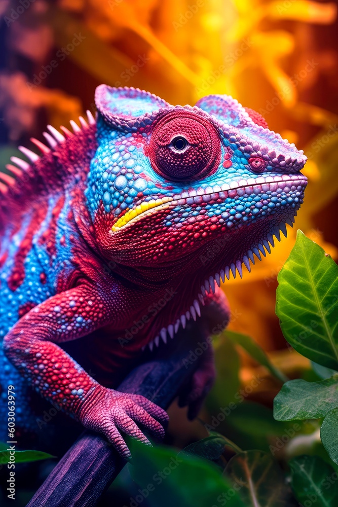 Obraz premium Chameleon With Magenta And Blue Colors. generative ai