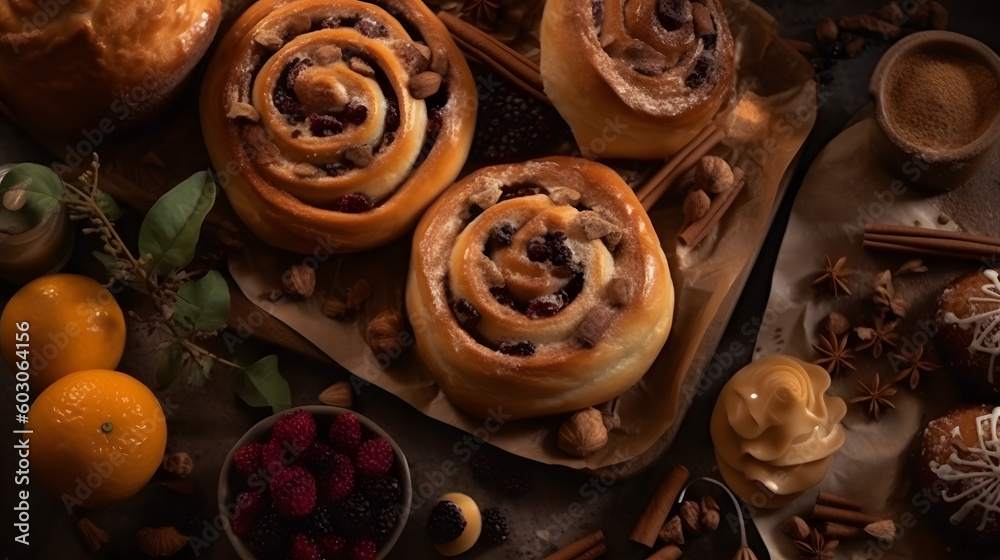 Fototapeta premium Delicious cinnamon rolls. Generative AI