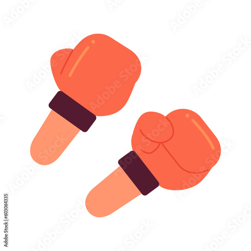 Boxer boxing gloves semi flat colorful vector first view hands. Kickboxing class. Fighting hands. Training. Editable closeup pov on white. Simple cartoon spot illustration for web graphic design