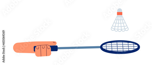 Hitting shuttlecock with badminton racquet semi flat colorful vector first view hand. Badminton sports equipment. Editable closeup pov on white. Simple cartoon spot illustration for web graphic design