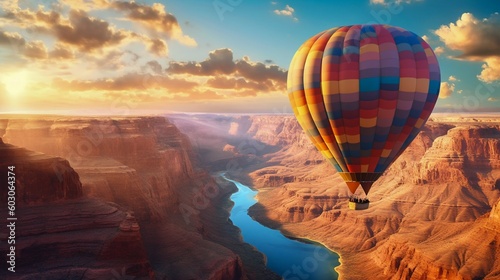 Blueish Hot Air Balloon Floating in the Sky at Sunset, Over the Grand Canyon. Generative ai