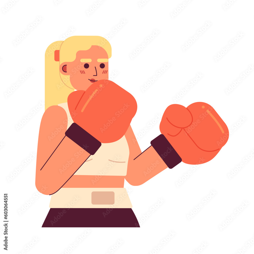 Boxing woman training semi flat colorful vector character. Kickboxing fitness. Female muay thai fighter. Editable half body person on white. Simple cartoon spot illustration for web graphic design