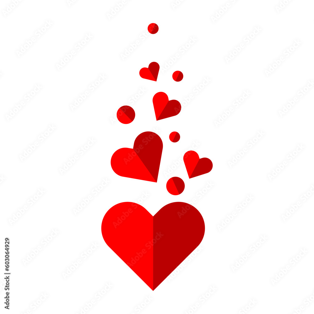 Cute flying hearts. Red flying hearts illustration for design. Decoration or clipart for Valentine's Day. Vector illustration isolated on background.