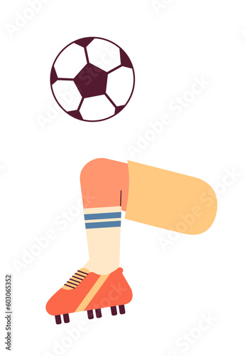 Soccer ball juggle semi flat colorful vector first view leg. Training camp. Fun game. Football drills practice. Editable closeup pov on white. Simple cartoon spot illustration for web graphic design