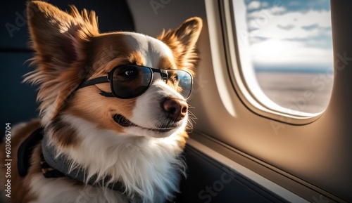Cute dog in sunglasses sits on a seat in an airplane, Generative AI