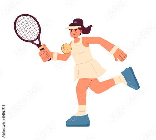 Girl tennis player semi flat colorful vector character. Individual sports. Professional athlete with racket. Editable full body person on white. Simple cartoon spot illustration for web graphic design