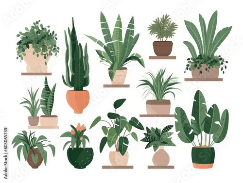 Home indoor plants in pots Collection in cartoon style illustration. set isolated on white background. generative ai